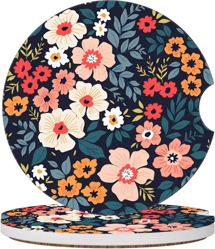 Miniatura 15 de Posavasos de automóvil con diseño de arcoíris y flores beige para portavasos de automóvil, paquete de 2 posavasos para mujeres y hombres, 2.56