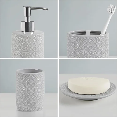 Miniatura 7 de Martha Stewart Juego de accesorios de baño de cerámica, organizador de almacenamiento para decoración de tocador, medallón de damasco en relieve