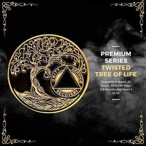 Miniatura 4 de 20 Year Sobriety Mint Twisted Tree of Life - Medallón de recuperación AA chapado en oro, fichas y fichas, color negro