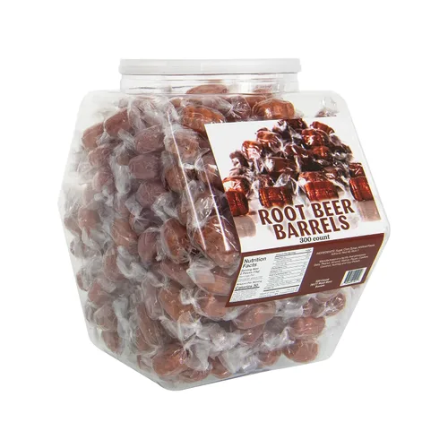 Root Beer Barrels - Tina a granel de caramelo duro, 300 piezas, sabor a cerveza de raíz de caramelos antiguos, caramelos duros envueltos