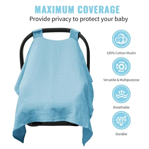 Miniatura 2 de Metplus Funda de asiento de automóvil de muselina para bebés, 100% algodón, transpirable, toldo para asiento de automóvil para verano, fundas