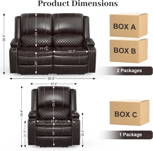 Miniatura 2 de Yolsali Juego de sofá biplaza con 2 capas de cojín para sala de estar, 2+1 pieza, sofá doble reclinable de 2 plazas, de cuero con consola extraíble