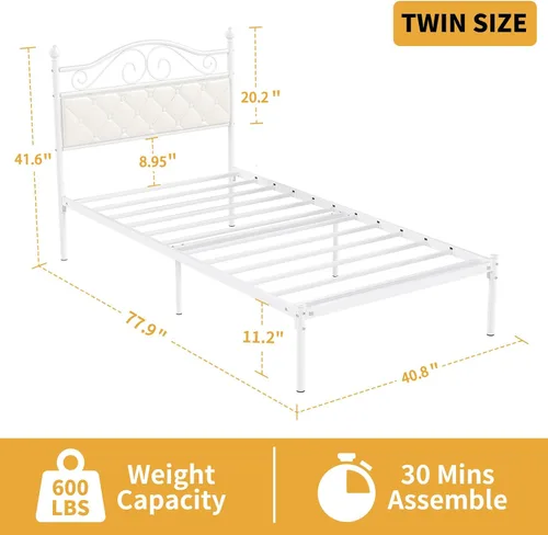 Miniatura 2 de Elephance Base de cama individual con cabecero tapizado, plataforma de metal con espacio de almacenamiento de 11.2 pulgadas, con botón capitoné,