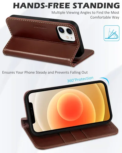 Miniatura 5 de SHIELDON Funda para iPhone 12 de 6.1", cartera de cuero genuino con protección magnética tipo libro, soporte con bloqueo RFID para tarjetas de Café