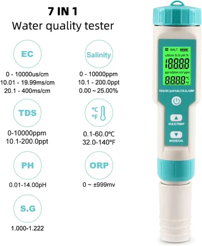 Miniatura 4 de Probador 7 del agua de la piscina de Digitaces en 1 prueba libre del probador del pH y de la sal del cloro el parámetro crítico PH/TDS/sal/ORP/S.G
