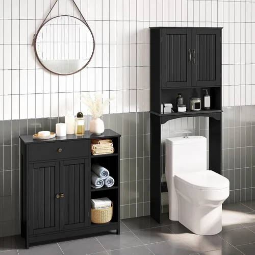 Miniatura 2 de Yaheetech Armario de almacenamiento para baño, armario de piso de baño con 2 puertas y 1 cajón, unidades de almacenamiento con 3 compartimentos