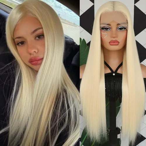 Miniatura 3 de Aubree Peluca de encaje frontal rubio 613, cabello largo y lacio, resistente al calor, fibra rubia, pelucas sintéticas sin pegamento, predepiladas