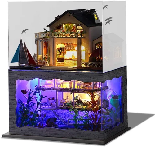 Roroom DIY Miniature and Furniture Dollhouse Kit,Mini 3D Wooden Doll House Craft Model Villa Style with Dust Cover and Music Movement,Creative Room
