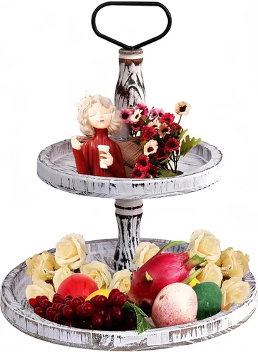 Bandeja escalonada Bandejas de dos niveles Soporte redondo rústico para magdalenas, soporte para servir pasteles con asa para sala de estar, fiesta