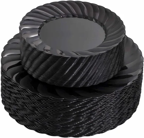U-QE 100 platos de plástico negro, platos desechables negros resistentes, que incluyen 50 platos llanos de 9 pulgadas y 50 platos de postre de 6.5
