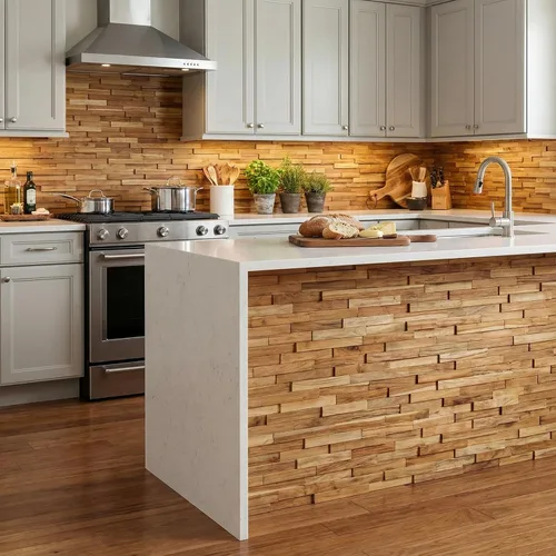 Miniatura 6 de Bare Decor EZ-Wall - Azulejo de mosaico 3D en madera maciza de teca, juego de 10 azulejos de acabado natural
