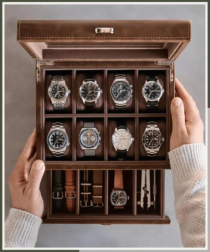Miniatura 8 de TAWBURY Organizador de caja de reloj con 8 ranuras para hombre, funda de lujo de piel sintética con cajón Caja de reloj para hombres Estuche