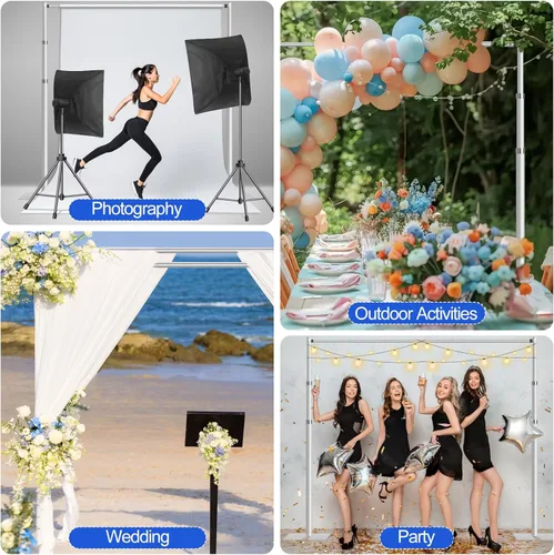 Miniatura 7 de FUDESY Kit de soporte de tubo y cortina, marco de fondo de metal ajustable resistente de 10 x 10 pies para fotografía, fiestas de boda, decoración