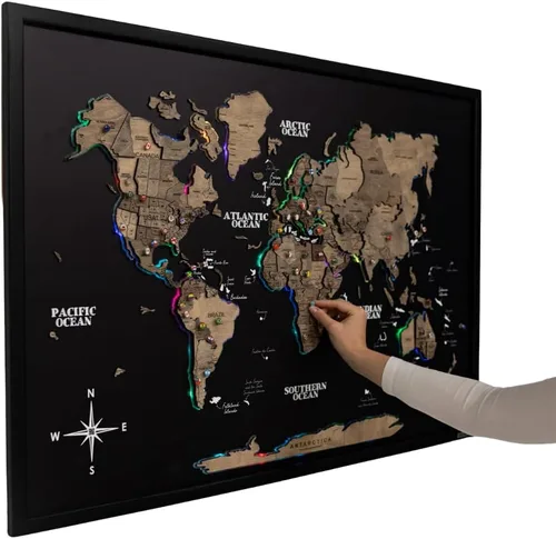 Miniatura 10 de Enjoy The Wood Mapa del mundo de madera a bordo con retroiluminación LED 2.0 - Mapas del mundo hechos a mano para pared con marco - Mapa de viaje