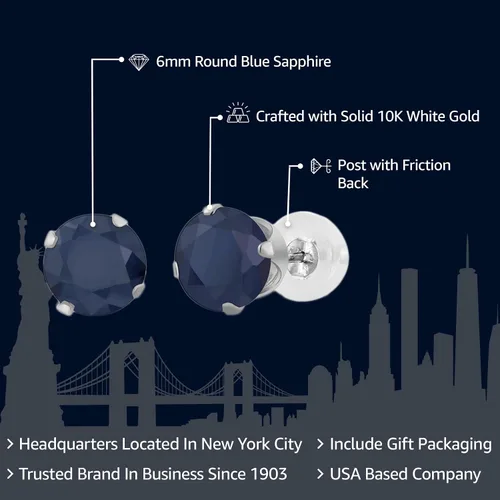 Miniatura 2 de Aretes de oro blanco de 10K genuino con perno de 4puntas (2,12quilates, 6mm, redondo), de zafiro color azul