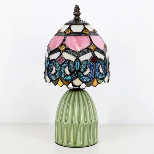 Miniatura 2 de Tiffany Lamp Stained Glass Mushroom Table Lamps 6X6X12.5 Inch Pink Jewelry Baroque Style Small Night Light Ceramic Base Mini Accent Desk Light