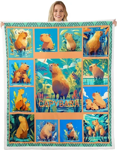 Manfei Capybara - Manta de cama de roedores de América del Sur para niños y niñas, decoración de habitación, manta de retazos enrejados para sofá,