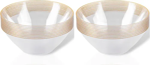 Blue Sky Cuencos orgánicos desechables transparentes con borde dorado, 6 onzas, 10 unidades, elegante vajilla para fiestas y eventos (paquete de 2)
