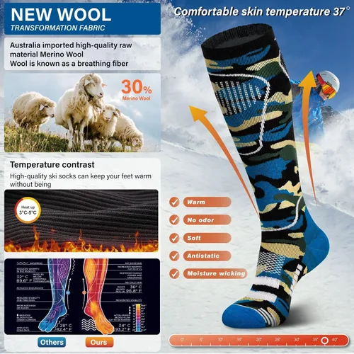 Miniatura 2 de Calcetines de esquí de lana merina, 2 pares, calcetines térmicos hasta la rodilla para snowboard, senderismo, clima frío, nieve, caza