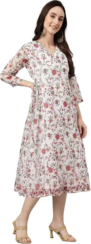 Miniatura 5 de Janasya Vestido acampanado con estampado floral de lúrex de gasa blanca para mujer india
