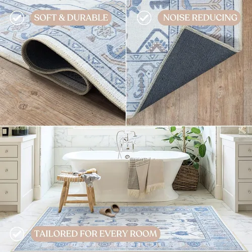 Miniatura 7 de Fame Living Alfombra Oushak Crema Azul, Alfombras Pequeñas Modernas, Vintage, Turca, Ecléctica, Floral, Pastel, Lavable, Tapete para Puerta, Felpudo