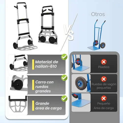 Miniatura 6 de Teprovo - Carretilla de mano plegable de 340 libras de capacidad, carrito portátil de aluminio con mango telescópico y ruedas de goma de 7 pulgadas