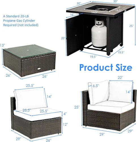 Miniatura 4 de Tangkula Patiojoy Juego de sofá de ratán para exteriores de 6 piezas con mesa de fuego de gas propano de 30 pulgadas, mesa de cerámica para fuego