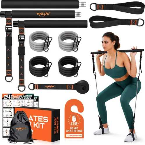 Kit de barra de pilates con bandas de resistencia, barra multifuncional de yoga y pilates de 3 secciones con hebilla de ajuste de metal. Equipo de
