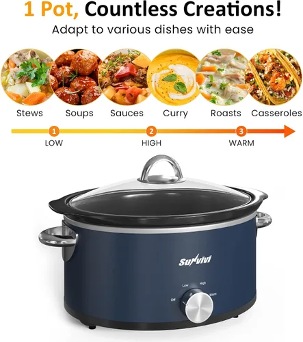 Miniatura 3 de Sunvivi Olla de cocción lenta de 3 cuartos de galón y mini calentador de alimentos con 3 ajustes de calefacción, olla de cerámica extraíble, tapa