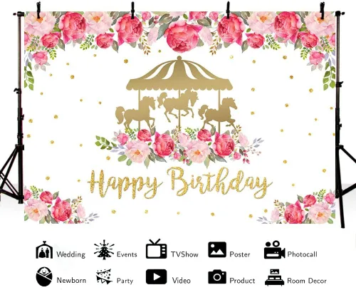 Miniatura 2 de AIBIIN Telón de fondo dorado de 7 x 5 pies con temática de carrusel de feliz cumpleaños para niña, flores rojas y rosadas, decoración de fiesta