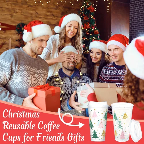 Miniatura 3 de Bokon 12 piezas de tazas de plástico transparente reutilizables de Navidad a granel, 16 oz, tazas de árbol de Navidad de estilo bohemio, tazas