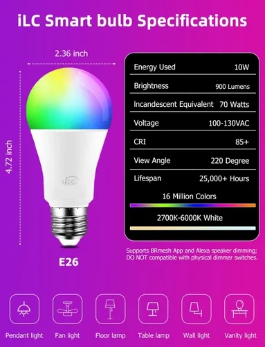 Miniatura 7 de ILC Bombillas inteligentes Alexa de 10 W (equivalente a 70 W) compatibles con dispositivo Echo requerido por Alexa, 900 lúmenes, color blanco cálido