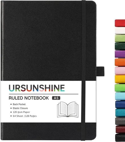 Miniatura 65 de Cuaderno punteado, diario, 5.3 x 8.26 pulgadas, tapa dura, prémium, papel grueso, doble espiral, bandas, cuero negro sintético, lazo para bolígrafo