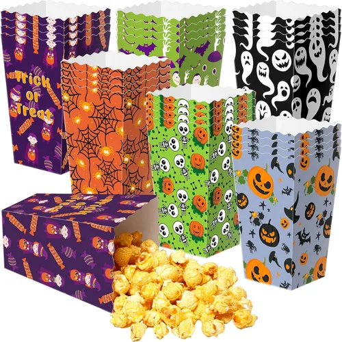 Roshtia 24 cajas de palomitas de maíz de Halloween, 6 diseños de bolsas de palomitas de maíz, cajas de dulces para golosinas para aperitivos, bolsas