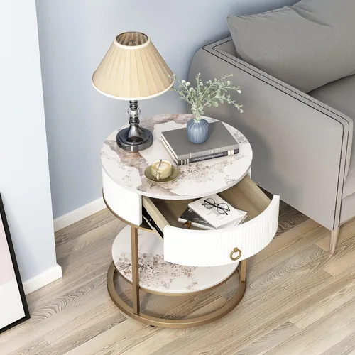 Miniatura 3 de OIOG Mesa auxiliar redonda con cajón, mesita de noche de 2 niveles con estante, mesa auxiliar moderna con patas doradas para sala de estar, Dorado