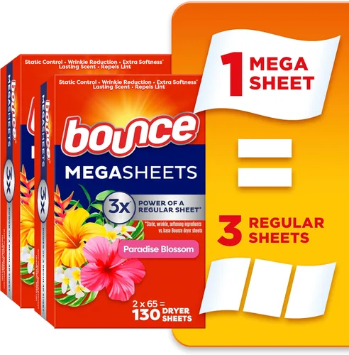 Bounce Mega Toallitas para Secadora, Flor de Paraíso, 130 Unidades, Hojas Suavizante de Tela Mega con Control Estático, Reducción de Arrugas,