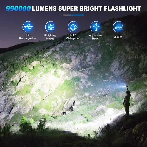 Miniatura 8 de KINGCAESAR Linternas recargables de alto lúmenes, 2 unidades de 90,000 lúmenes, linterna súper brillante, 5 modos de linterna LED, IPX7 impermeable