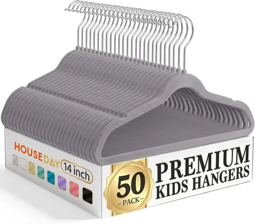 Miniatura 23 de HOUSE DAY Perchas de terciopelo para bebés de 11 pulgadas, paquete de 50 perchas color beige de primera calidad para niños, ropa de bebés y niños