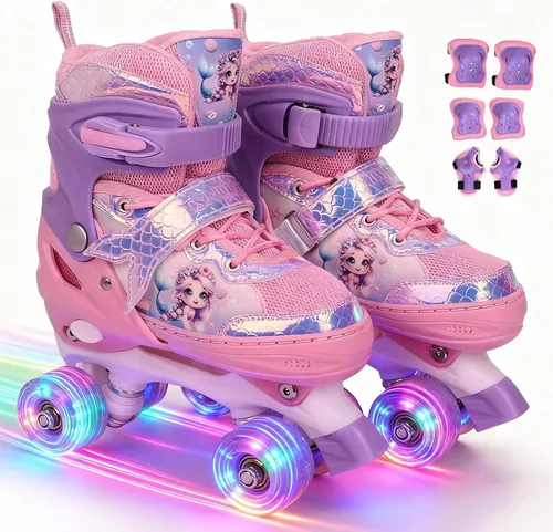 Patines de sirena ajustables para niños y niñas con ruedas con luz LED, patines para interiores y exteriores para niños principiantes, juego de