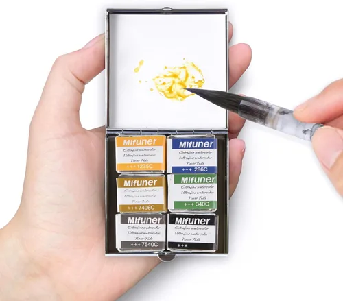 Miniatura 15 de Mini Juego de Caja de Lata de Viaje de Pintura de Acuarela de Artista Portátil Hecha a Mano con 6 Medias Bandejas Sólidas con Purpurina Nacarada
