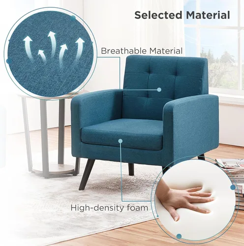 Miniatura 9 de Yaheetech Sillas de acento de mediados del siglo, silla moderna tapizada para sala de estar, sillón acogedor con respaldo abotonado y patas de Azul