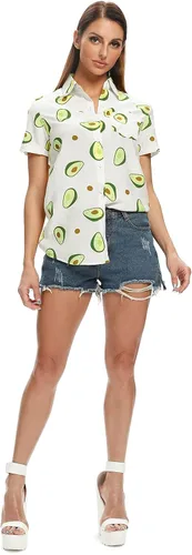 Miniatura 3 de Aeslech Camisa hawaiana ligera con estampado de girasol, limón y aguacate para mujer