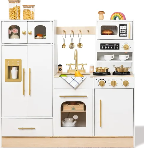 Leeshyah Juego de cocina de madera - Cocina de simulación realista con estufa, fregadero, cafetera y 11 accesorios divertidos | Cocina de juguete