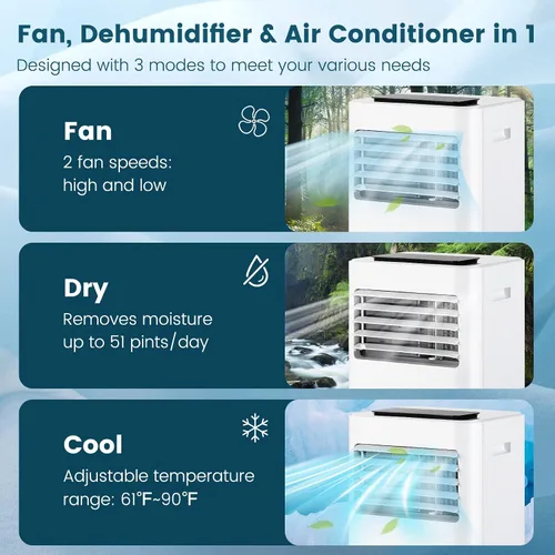 Miniatura 3 de KOTEK Aire acondicionado portátil para habitación de hasta 350 pies cuadrados, unidad de CA 3 en 1 de 10000 BTU para dormitorio con modo
