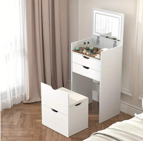 Miniatura 10 de Escritorio de tocador 3 en 1 para dormitorio con espejo iluminado superior abatible, tocador de maquillaje compacto de 17.9 pulgadas con 3 cajones