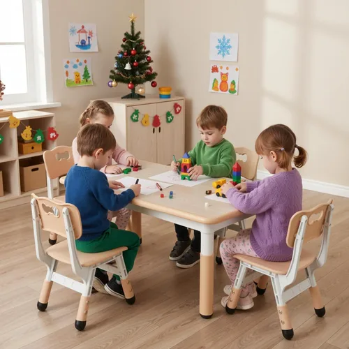 Miniatura 7 de Arlopu Mesa y 4 sillas para niños, juego de escritorio y sillas para niños pequeños de altura ajustable, patas antideslizantes, escritorio de Beige
