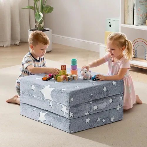 Miniatura 5 de MeMoreCool Colchón plegable de suelo para niños, tapete triple con estrella brillante, colchón plegable para niños, futón portátil, 57 x 22 Gris