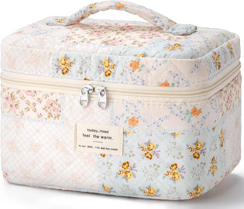 Miniatura 9 de HBselect Bolsa de Maquillaje Acolchada, Bolsa de Maquillaje Grande de Algodón para Viaje, Lindas Bolsas de Maquillaje con Flores Coquette, Bolsas