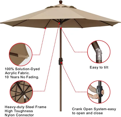 Miniatura 5 de EliteShade USA - Sombrilla de 9 pies para patio, sombrilla de mesa al aire libre con ventilación, Heather Beige, sin decoloración durante 10 años