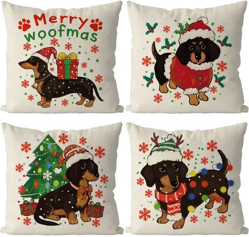 Miniatura 6 de Juego de 4 fundas de almohada navideñas para decoración de perro salchicha para el hogar, sofá, sala de estar, 16 x 16 pulgadas
